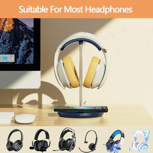 Headphone Stand with Wireless Charger, Gaming Headset Holder Hanger Rack 2 in 1 Wireless Charging Station Dock for iPhone 15/14/13/12/11 Series, Samsung, AirPods Pro/3/2, Aluminum Alloy Rod, Navy Blue - color: Navy Blue