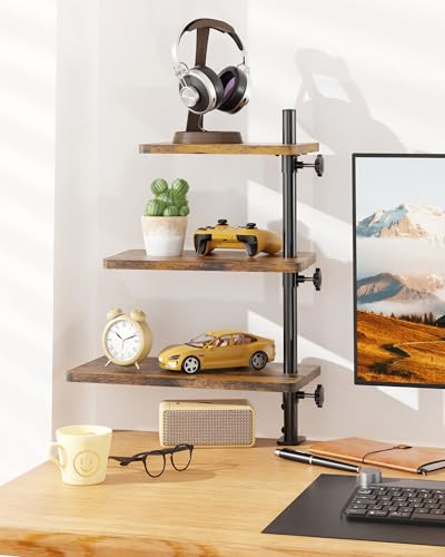 3 Tiers Clamp On Desk Shelf, 360° Angle Adjustable Desktop Shelf Organizer for Home Office Gaming Room, No Drill Desk Extender Adapt to 0.4-2.16 inches Table Thick, Black Brown - color: 3-tier Black Brown
