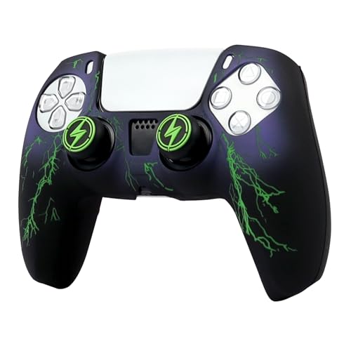 RALAN Lightning Controller Skin Silicone for PS5, Non-Slip Grip Cover Protector Compatible with PlayStation 5 Controllers with 2 Thumb Grip Caps - color: Black Green lightning