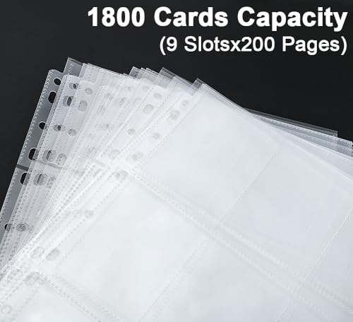 Trading Card Sleeve Pages, HERKKA 200 Pack 9 Pocket Album Pages 11 Holes Fit 3 Ring Binder - size: 200 Pack