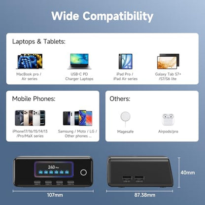 240W GaN Charger, 6-Port USB C Charger with 140W Max PD 3.1 Port, TFT-Screen Display Desktop Charging Station Adapter for MacBook Pro/Air M3/M2, Laptops, iPhone 17/16, Galaxy S24/S23, iPad, Steam Deck