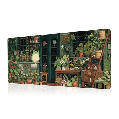 Cute Frog Kawaii Green Mouse Pad Desk Mat XL Extended Large Gaming Desk Pad Mousepad, Green Plant Computer Laptop Keyboard and Mouse Mat, Desktop Protector Mat for Office and Home 31.5x11.8 in - color: Green Bean Frog