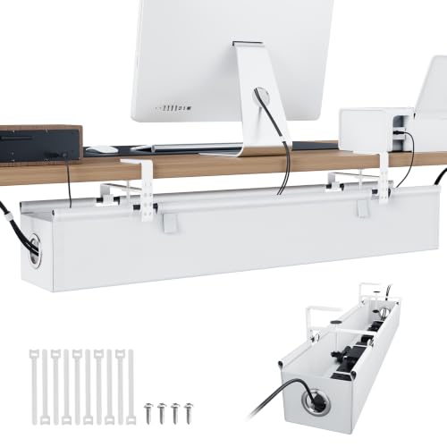 KEEGH Under Desk Cable Management Tray 36", No Drill Cord Organizer, White | Heavy Duty, Large Capacity, 3-Level Clamp Fit 0"-2.5" Desks, Clamp/Screw Mount, for Home, Office, Gaming, Room, Studio - color: White