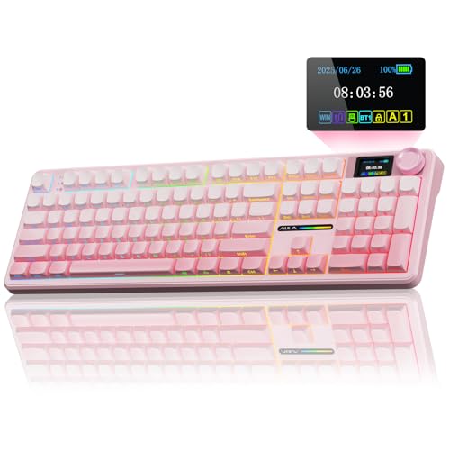 AULA F108 PRO - Wireless Mechanical Keyboard with Screen & Knob,Full Size Keyboard with 8000mAh Battery,Pre-lubed Switches,Side Printed PBT Keycaps,RGB Backlit Hot Swappable Custom Pink Keyboards - color: Pink