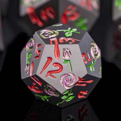 Gothic DND Dice Set Bleeding Rose Metal D and D Dice for use with Dungeons Dragons D&D Role Playing Game, Purple Red RPG Blood Polyhedral Dice Set D20 D12 D10 D8 D6 D4 - color: Purple Red&black&red Numbers