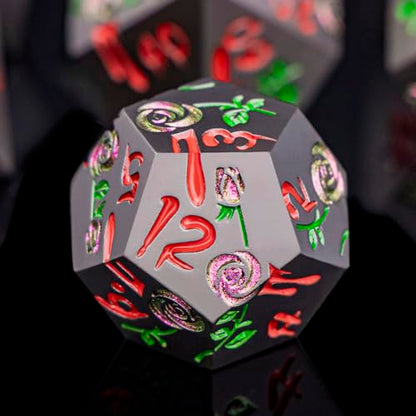 Gothic DND Dice Set Bleeding Rose Metal D and D Dice for use with Dungeons Dragons D&D Role Playing Game, Purple Red RPG Blood Polyhedral Dice Set D20 D12 D10 D8 D6 D4 - color: Purple Red&black&red Numbers