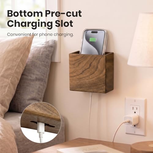 Remote Holder Hole-Free, Self-Adhesive Storage Wooden Box Small | Wall Mounted or Desk Mounted Container for Remote Phone Pencil Stationery Accessories Placement - size: Small