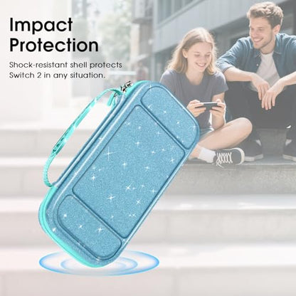 FINTIE Carrying Case for Nintendo Switch 2 (2025), Shockproof Hard Shell Switch 2 Case, Protective Cover Travel Bag with 19 Game Card & 2 Micro SD Card Slots & Inner Pocket, Glittering Blue - color: Glittering Blue