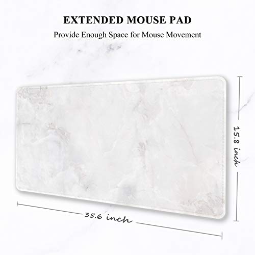 Auhoahsil Large Mouse Pad, Full Desk XXL Extended Gaming Mouse Pad 35" X 15", Waterproof Desk Mat w/Stitched Edges, Non-Slip Laptop Computer Keyboard Mousepad for Office and Home, White Marble Design - color: 51 Elegant White Marble, size: XXL - Extended