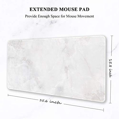 Auhoahsil Large Mouse Pad, Full Desk XXL Extended Gaming Mouse Pad 35" X 15", Waterproof Desk Mat w/Stitched Edges, Non-Slip Laptop Computer Keyboard Mousepad for Office and Home, White Marble Design - color: 51 Elegant White Marble, size: XXL - Extended