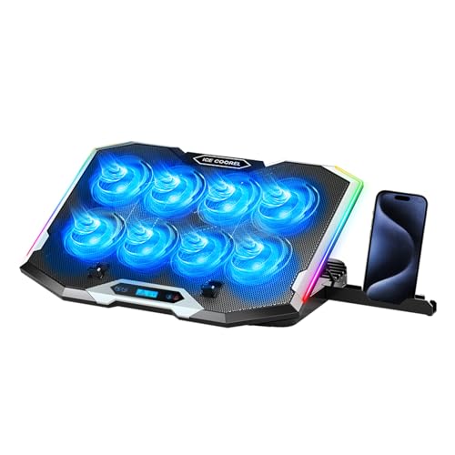 Laptop Cooling Pad with 8 Cooling Fans, Cooling Pad for Gaming Laptop Fan 12-17.3 Inch, Laptop Cooler Stand with 5 Height Adjustable, Notebook Cooler Pad with 2 USB Port, Phone Stand (8 Fans)