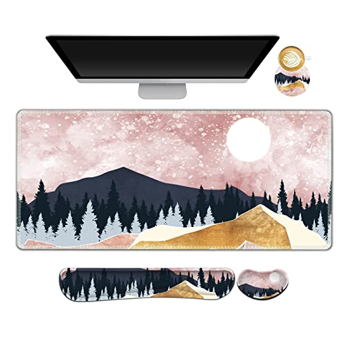 ARTSO Extended Gaming Mouse Pad Set, Keyboard Wrist Rest Support Pad + Wrist Cushion + XXL Large Mouse Pad + Coaster, Stitched Edge, Non-Slip, Memory Foam Desk Mat, Pink Abstract Mountain - color: Pink Abstract Mountain
