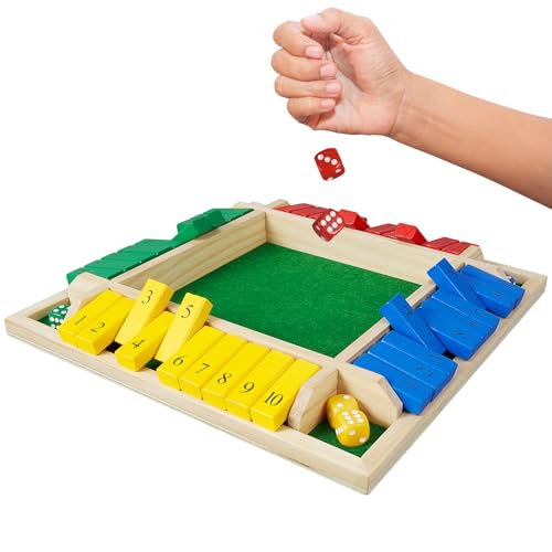 AMEROUS Shut The Box Dice Game-12 inches-Colorful Design-1-4 Players-12 Dice-Gift Package, Classic 4 Sided Wooden Board Game for Adults Kids, Classics Board Game