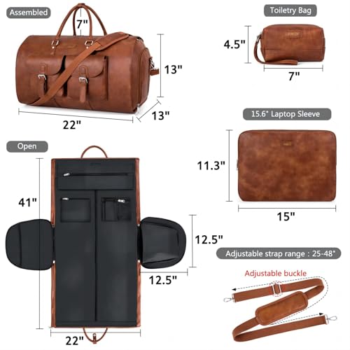 Garment Bag for Travel Convertible Carry on Travel Duffel Bag for Men Women | 3PCS Large Weekender Bag with Waterproof Shoes Pouch 2 in 1 Hanging Clothes Suit Dress Bag Travel Garment Duffel Bag 56L - color: A1-Brown-Faux Leather