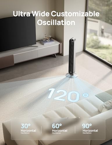 DREO Smart Tower Fan for Bedroom, 120° Oscillating Fan, 20dB Quiet DC Motor | 28ft/s Airflow, 12 Speeds, 4 Modes Bladeless Standing Fan, 12H Timer Cooling Fan for Home, Living Room, App & Alexa Control - color: Silver