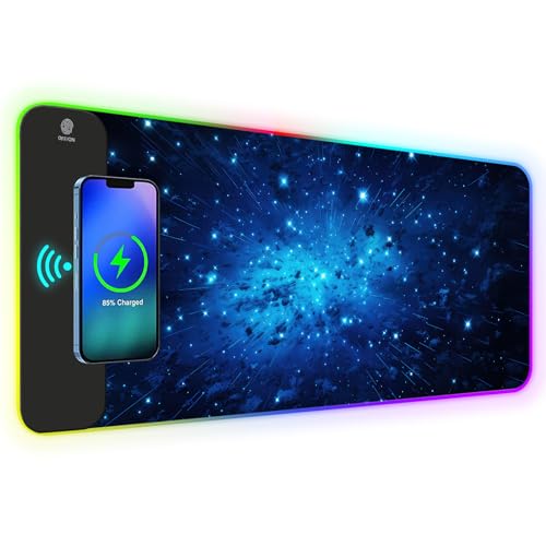 AIMSA RGB Gaming Mouse Pad with Wireless Charging, Large Keyboard Mouse Pad with 14 LED Light Modes, Non-Slip Rubber Base Waterproof Desk Pad for Home Office Decor, Blue Meteor Starry Sky - color: Blue Meteor Starry Sky