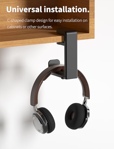 Headphone Hook Under Desk Holder 360-Degree Adjustable Rotation, Black | Fits 0.47-1.57 in desks as headset stand hanger, easy spring clamp, soft rubber pads, built-in loop for cable organizer - color: Black