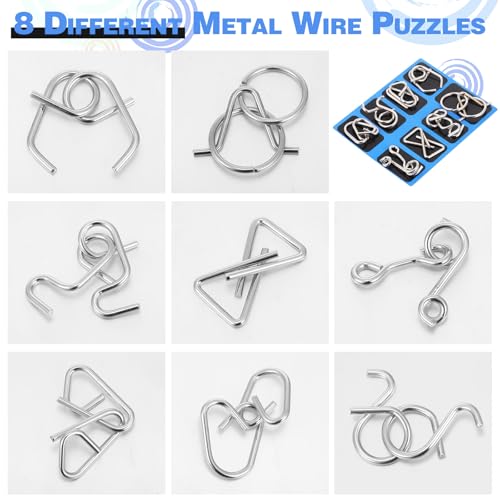 Metal Wire Puzzle Set of 8 with Pouch, Brain Teaser Puzzles IQ Test Ring Disentanglement Unlock Interlock Game Trick Metal for Party Favor Challenge(C Style) - style: C Style
