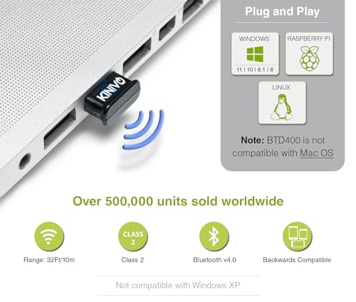 Kinivo USB Bluetooth Adapter for PC BTD400 (Bluetooth 4.0 Dongle Receiver, Low Energy) - Compatible with Windows 11/10/8.1/8, Raspberry Pi, Linux, Laptop & Headphones - style: BTD400