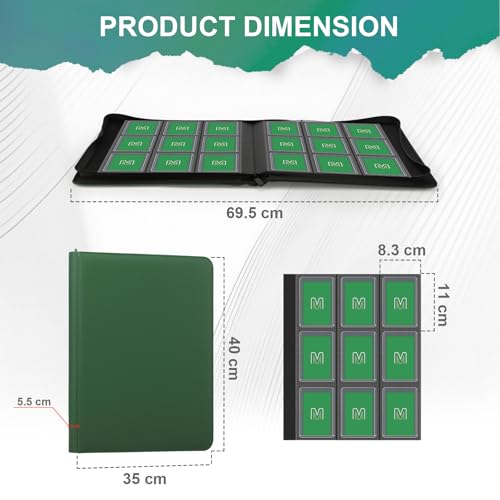Toploader Binder, 9-Pocket 288 Cards Holder for 3"x4" Rigid Card Sleeves | Top Loader Binder with Sleeves Trading Card Binder for TCG,Sport Cards, PU Leather Cover, Side Loading (9 Deep Green) - color: 9Deep Green