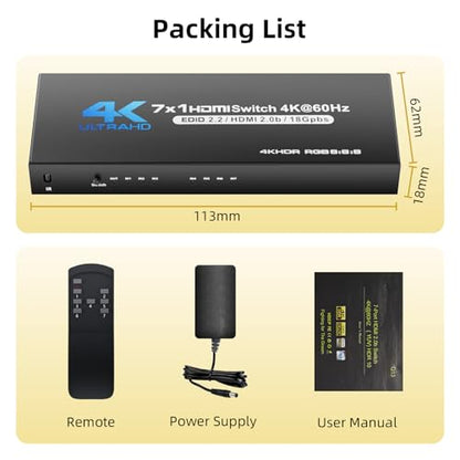 BolAAzuL 7 Port HDMI Switch 7 in 1 Out 4K@60Hz HDMI Selector Box w/Power | Hub HDMI Switcher 7x1 HDMI Port Expander 7-Way Support 3D HDCP2.2 HDR for NS PS5 Xbox Series X HDTV PC Roku Fire Stick