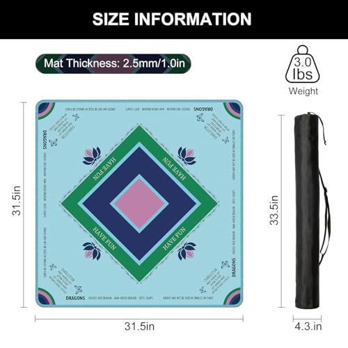 Turquoise Mahjong Mat 31.5x31.5 Inch,Anti-Slip Noise Reduction Table Cover, Equipped with a Portable Carrying Bag, Rubber Mahjong Mat for Poker, Cards and Board Games (Turquoise) - color: Turquoise