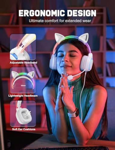 Gaming Headset with Microphone, RGB Lights, Detachable Cat Ear, Lightweight Over-Ear Headphones with Adjustable Headband for PC, PS4, PS5, Mac, Switch, Surround Sound, in-Line Control, White - color: White