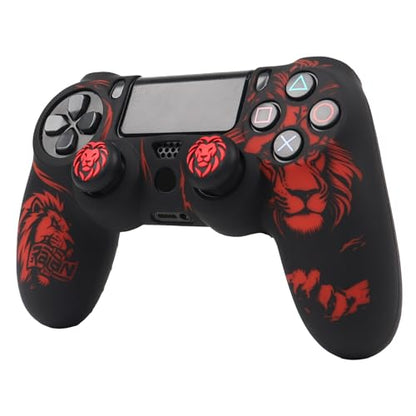 Lion Design Controller Skin Cover with 2 Thumb Grips Compatible with PS4/Playstation 4 Slim/Pro Controller - color: Lion Black Red