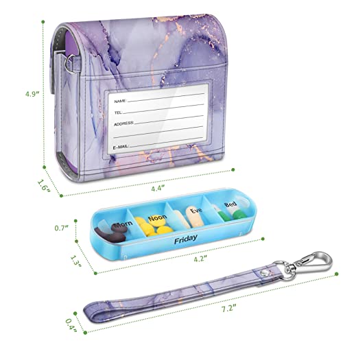 FINPAC Weekly Pill Organizers 4 Times A Day, Slide Open PU Leather Case Travel Pill Vitamin Medicine Reminder and Planner with Name Card for Morning| Afternoon| Evening| Bedtime (Lilac Marble) - color: Lilac Marble
