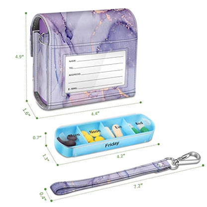 FINPAC Weekly Pill Organizers 4 Times A Day, Slide Open PU Leather Case Travel Pill Vitamin Medicine Reminder and Planner with Name Card for Morning| Afternoon| Evening| Bedtime (Lilac Marble) - color: Lilac Marble