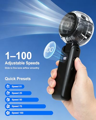 Portable Misting Fan, Rechargeable Handheld Spray Fan | 100-Speed Adjustable Cooling Fan with Water Mist Spray, Foldable Design, Lanyard Included for Outdoor Camping & Travel - color: Black