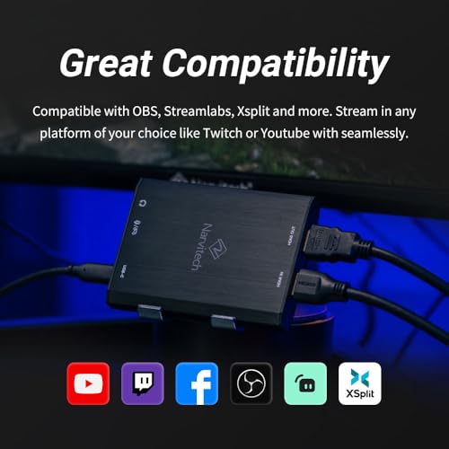 Narvitech NJ500 HDMI Capture Card – 4K60 HDR, 2K144, 1080P240 Passthrough, 4K30 Recording, Ultra-Low Latency, for PS5, Xbox Series X|S, Nintendo Switch 2, Quest 3, PC & Mac, OBS Streaming & Recording