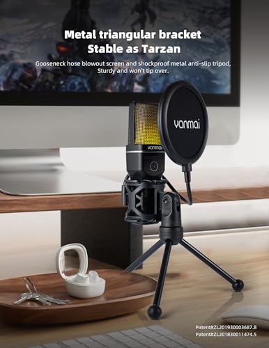 2.4G Wireless Gaming Microphone for PC, Mac & Phone, ANC Noise Cancelling Condenser Mic with RGB Light, Gooseneck Tripod, 18H Battery, Plug & Play Mic for Singing, Streaming, Podcasting