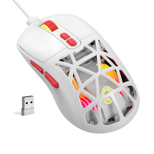 Wireless Gaming Mouse, Rechargeable&Rechange Shell,RGB Programmable Macro Mouse, Lightweight Mouse,10000 DPI,Tri-mode Wired/BT 5.0/2.4GHz Wireless Mouse Gaming with 2 Side Buttons (White Red) - color: White Red