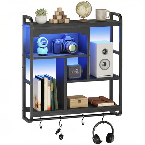 HOOBRO Gaming Floating Shelves with LED Lights, 26.4" LED Wall Mounted Shelf, Modern Corner Shelf 3-Tier Display Rack for Wall Storage, Arched Design, for Kitchen, Living Room, Study, Black BB44DBJ01 - color: Black
