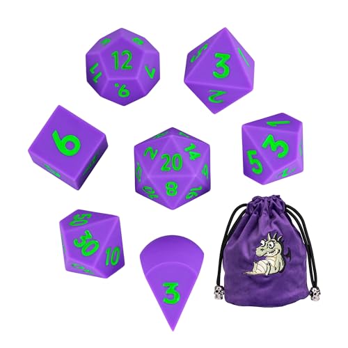 7-Piece Jumbo Silicone DND Dice Set, 25mm Oversized D&D Dice | Round Edges Soft Perfect Bouncer Compatible with Dungeons and Dragons RPG Bar Pub Club Party Games - color: Purple W/Green Numbers