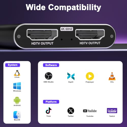 4K HDMI Capture Card, USB 3.0 Video Capture Card for Streaming | Wide Device Compatibility, OBS Compatible, 1080P 60FPS Recording Support