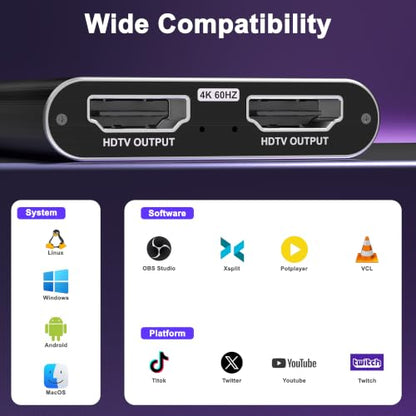4K HDMI Capture Card, USB 3.0 Video Capture Card for Streaming | Wide Device Compatibility, OBS Compatible, 1080P 60FPS Recording Support