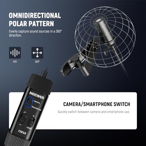 NEEWER 3.5mm TRRS Lavalier Lapel Microphone Plug & Play Mini Clip on Mic Omnidirectional Condenser for Camera Phone PC, Low Frequency Cut, Gain Control, Monitoring Headphone Jack, CM10 - style: CM10(1-Pack)w/3.5mm TRRS Plug