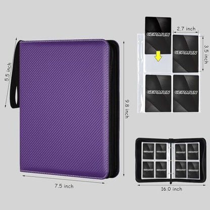GERMUN 4 Pocket Card Binder, Premium Zip Trading Card Binder, 400 Double Sided Pocket PU Card Collection Binder, Collector Card Album, Card Folder for MTG, TCG, Sports Cards, Game Cards (Purple) - color: 4 Pocket 400 Carbon Purple