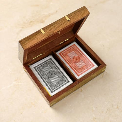 Playing Cards Holder, Handmade Wooden Card Storage Box with Brass Inlay Design, Anniversary Birthday Gifts "Made in India" (Design 2) - color: Design 2