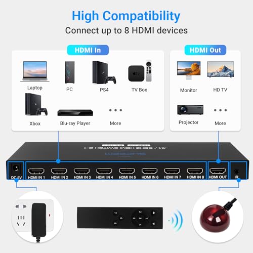 4K@60Hz HDMI Switch 8 in 1 Out, HDMI Switcher Selector Box with IR Remote Control, Support 4K 60Hz Ultra HDR HDCP 3D for Xbox PS5 PS4 Xbox PC Laptop