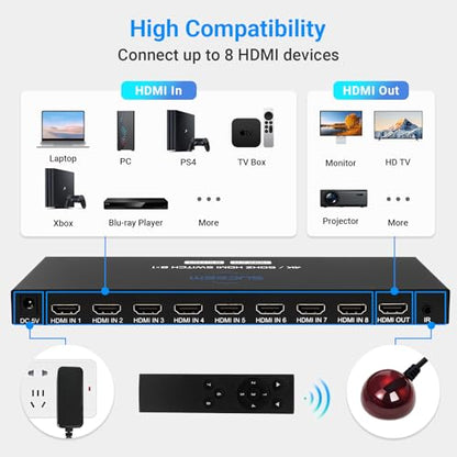 4K@60Hz HDMI Switch 8 in 1 Out, HDMI Switcher Selector Box with IR Remote Control, Support 4K 60Hz Ultra HDR HDCP 3D for Xbox PS5 PS4 Xbox PC Laptop