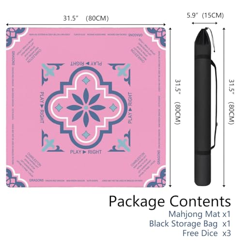 Pink Mahjong Mat with Rules, 31.5*31.5in Anti Slip American Mahjong Mat for Table, Noise Reduction, Neoprene Mah jongg Mats with Carrying Bag & 3 Dices, Mahjong Supplies Gift, Board Tile Games Mats - color: Pink01