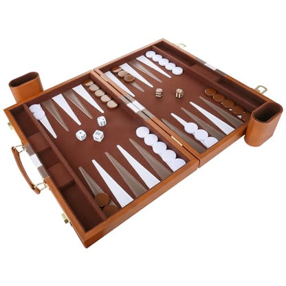 Backgammon Set - Classic Board Game with Premium Leather Case - Portable Travel Strategy Backgammon Game Set for Adults, Kids - Suitable as (15inch, Brown) - color: Brown, style: 15inch