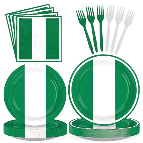 96 Pcs Nigeria Flag Themed Party Decorations, Serves 24 | Green White Plates and Napkins Nigerian Independence Day Tableware for African Cultural National Day Soccer Party Supplies - style: Nigeria Themed Plates m