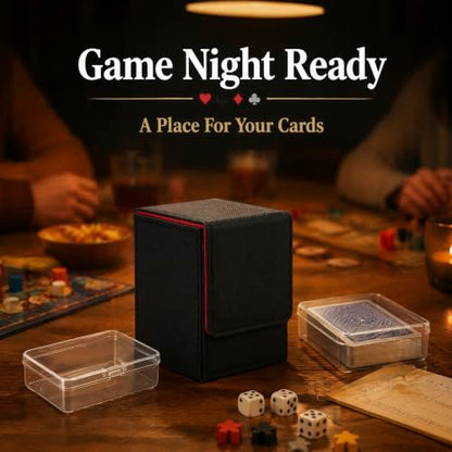 Playing Card Storage Box with 2 Small Plastic Card Cases, PU Leather Deck Box with Magnetic Closure, Portable Poker Card Holder for Standard Playing Cards, Game Cards, Tabletop Games