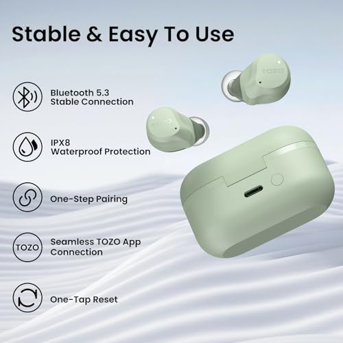 TOZO NC9 Hybrid Active Noise Cancelling Wireless Earbuds, 60H, LED Display | 6 Mic ENC Clear Calls, Deep Bass Sound, IPX8 Waterproof, in Ear Bluetooth 5.3 Headphones,32 EQs via APP, Comfort Fit Ear Buds - color: Sage Green