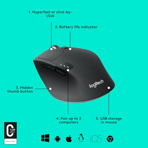 Logitech M720 Triathalon Full Size Multi-Device Wireless Mouse - Black | Connect via Bluetooth or included USB-A receiver, pair up to 3 devices, Logitech Flow compatible, 6 customizable buttons - style: M720