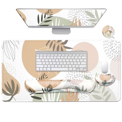 4-in-1 Large Mouse Pad, Keyboard Wrist Rest Pad & Wrist Support Mousepad Set, Extended Desk Pad Waterproof Desk Mat for Home Office Study Game - Leave - color: Leave